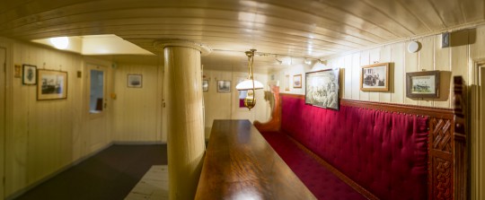 The Nansen Saloon is surrounded by smaller cabins. The Saloon is open to the public and can even be hired for private events.